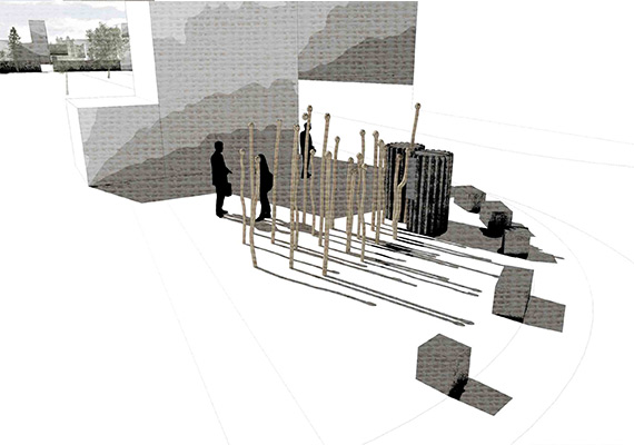 Visualisierung des Informationsortes und der Skulptur 'Die Breche'.